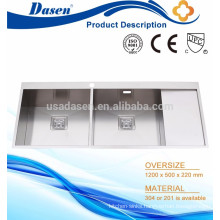 Silver color hand built double bowl drainboard trough sink Foshan factory